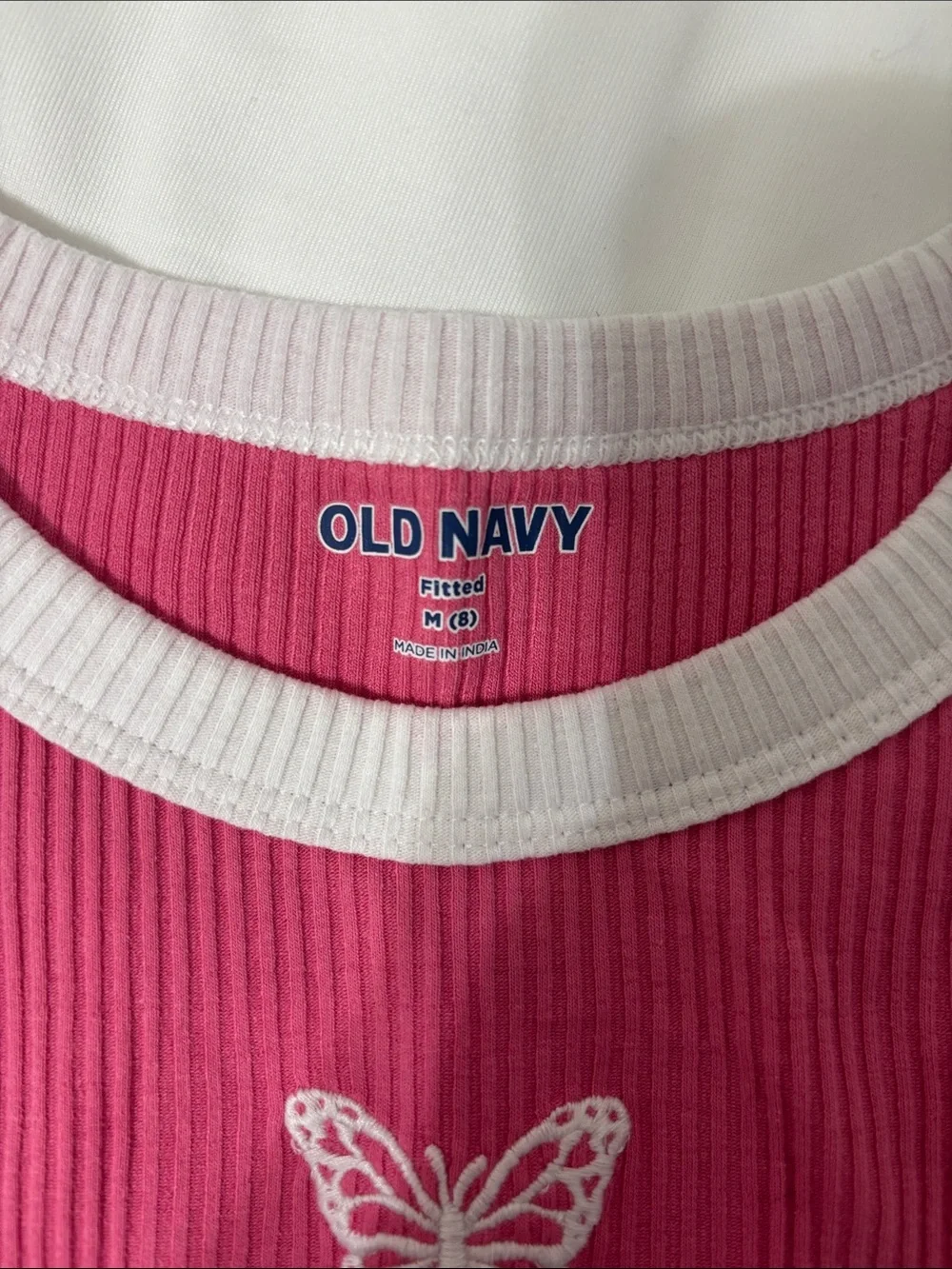 Old Navy Hot Pink Ribbed Tank with White Trim & Butterfly Embroidery